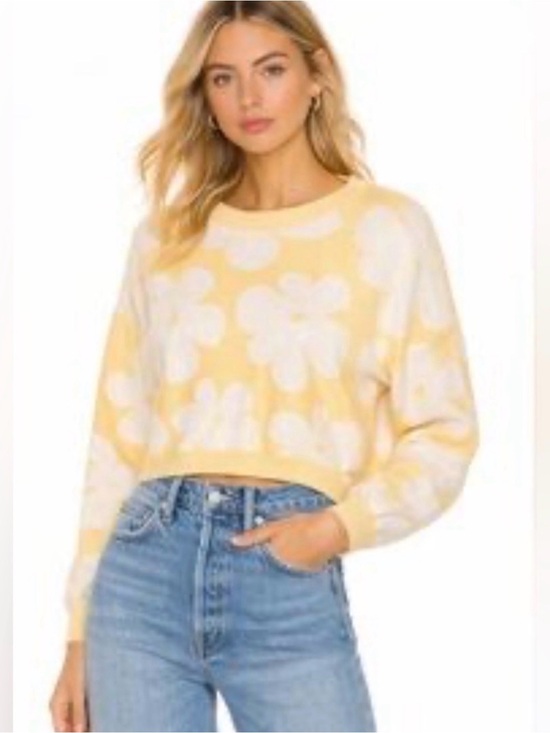 Anthropologie Sweaters - Anthropologie Luna Ivy Soft Yellow Floral Appliqué Crewneck Sweater M Cropped